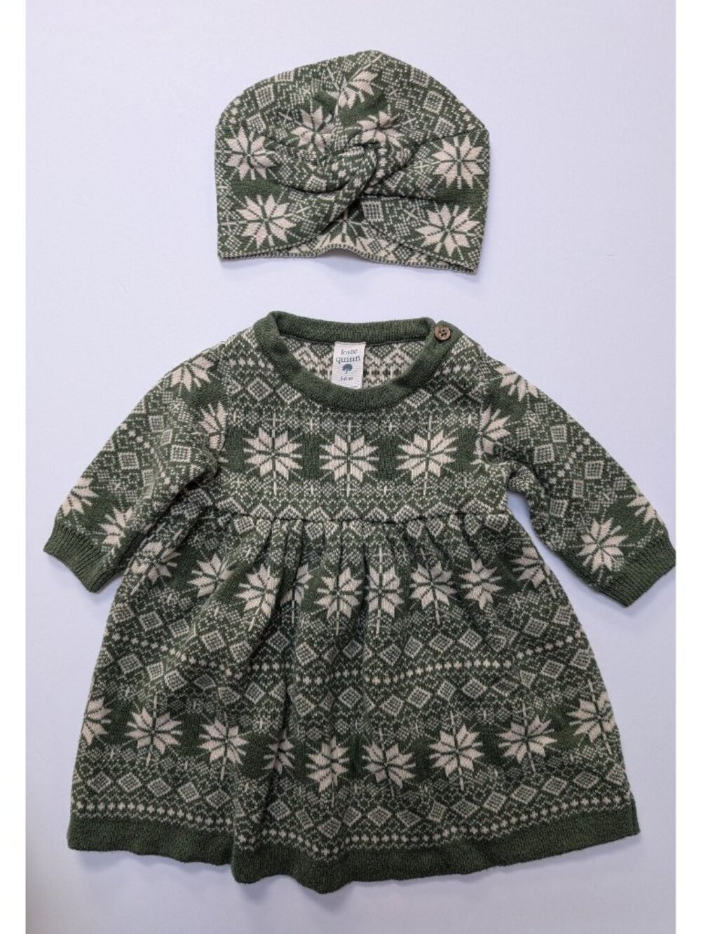 Kate Quinn Organic Cotton Sweater Knit Green Nordic Snowflake Dress & Hat Set